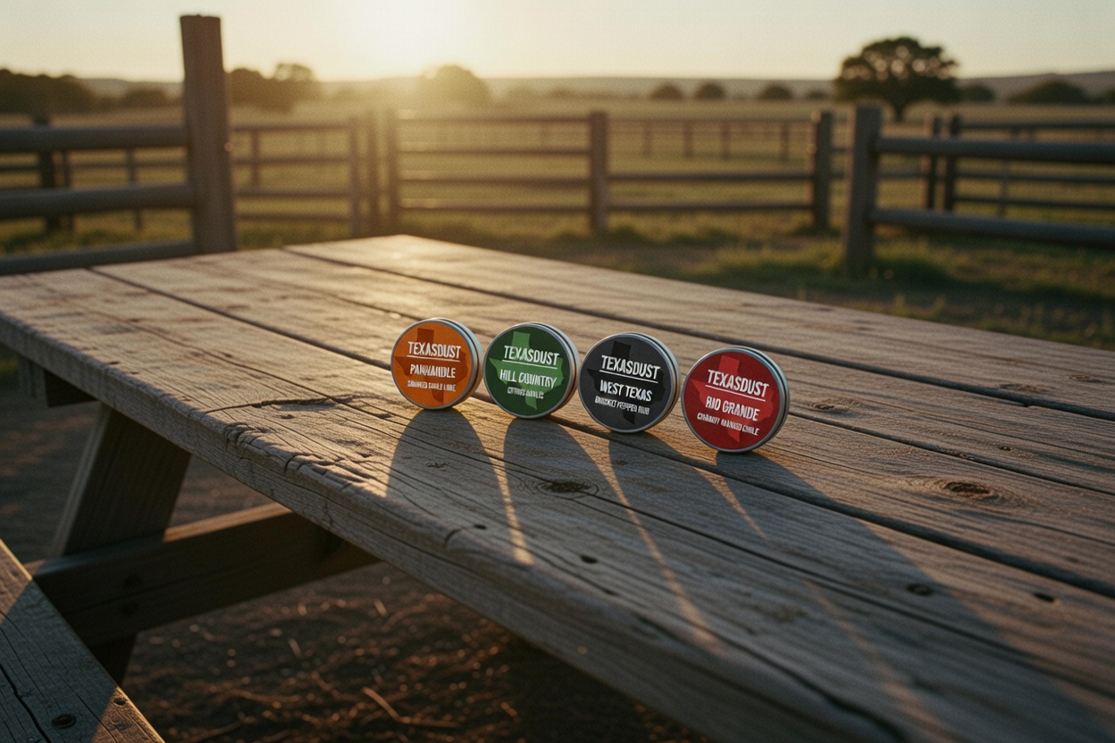 Texas Dust tins on a ranch table at golden hour